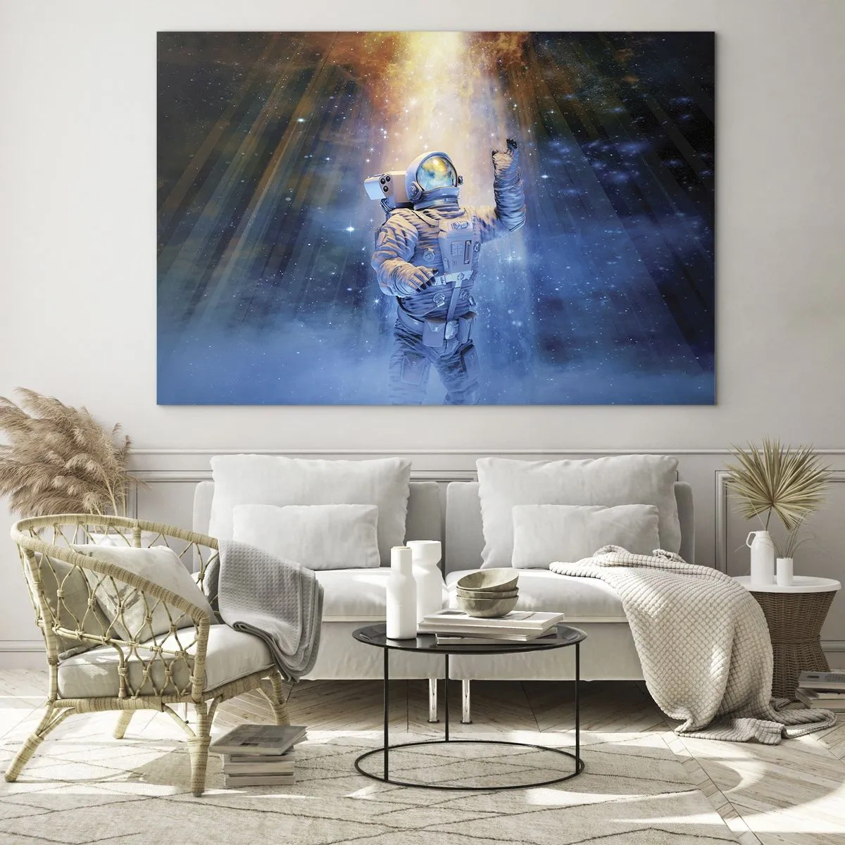 Quadro su vetro - Un astronauta nello spazio illuminato da raggi di luce - 100x70cm - Finalmente alla meta - Decorazione murale moderna per soggiorno e camera da letto ARTTOR