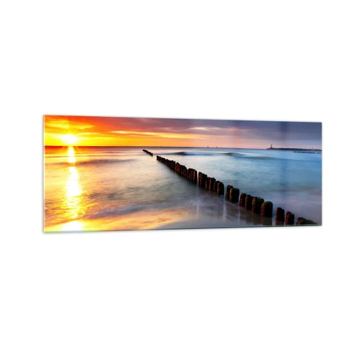 Quadro su vetro - Tramonto sul mare con un frangiflutti in primo piano - 140x50cm - Ascolta il silenzio - Decorazione murale moderna per soggiorno e camera da letto ARTTOR