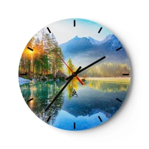 Orologio da parete - Orologio in Vetro - Lago di montagna all'alba con riflessi di alberi e cime - 30x30cm - Maestà e dolcezza - Decorazione murale moderna per soggiorno, cucina e camera da letto ARTTOR