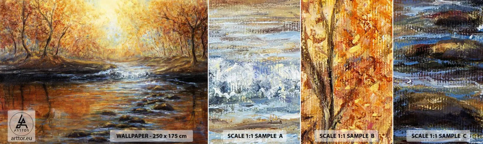 Campione Di Fotomurale Standard Eco - Ruscello d'oro - Paesaggio, ruscello di montagna, foresta - 100x30 cm