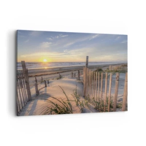 Quadro su tela - Stampe su Tela - Spiaggia al tramonto con recinzione in legno - 100x70cm - Luci e ombre del vento - Decorazione murale moderna per soggiorno e camera da letto ARTTOR
