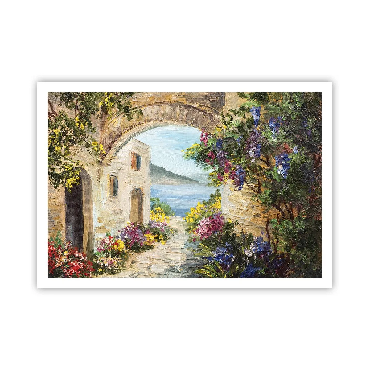 Poster - Paesaggio marino con edifici in pietra e fiori - 100x70cm - La bellezza della provincia costiera - Decorazione murale moderna per soggiorno e camera da letto ARTTOR