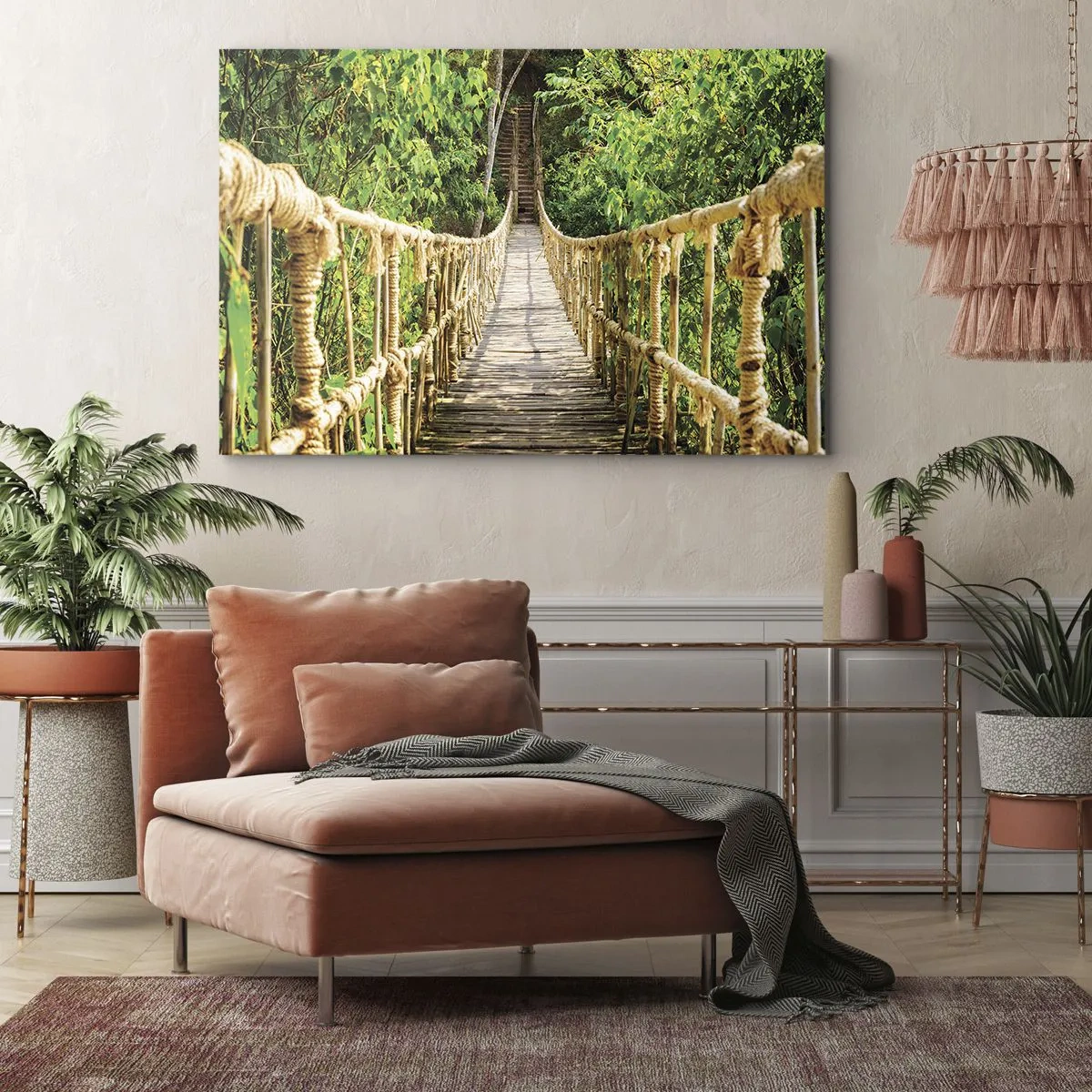 Quadro su tela - Stampe su Tela - Un ponte sospeso in una foresta tropicale ricca di vegetazione - 120x80cm - Sospeso nel verde - Decorazione murale moderna per soggiorno e camera da letto ARTTOR