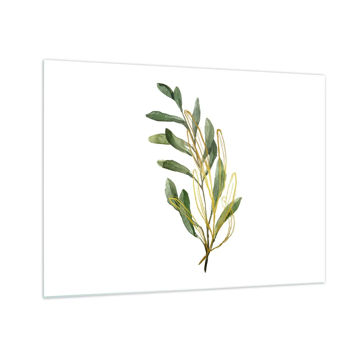 Quadro su vetro - Un ramo verde con un delicato accento dorato - 70x50cm - Tutto ciò che è buono - Decorazione murale moderna per soggiorno e camera da letto ARTTOR