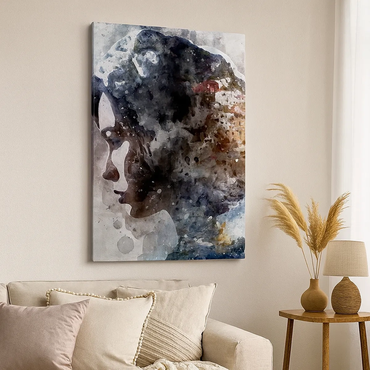 Quadro su tela - Stampe su Tela - Ritratto di una donna che combina il suo viso con un paesaggio urbano sullo sfondo - 50x70cm - Racconto su una ragazza con città sullo sfondo - Decorazione murale moderna per soggiorno e camera da letto ARTTOR