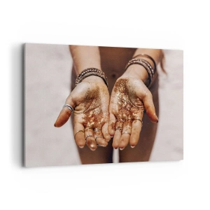 Quadro su tela - Stampe su Tela - Primo piano di mani con glitter in tonalità calde - 120x80cm - Un dono per te - Decorazione murale moderna per soggiorno e camera da letto ARTTOR