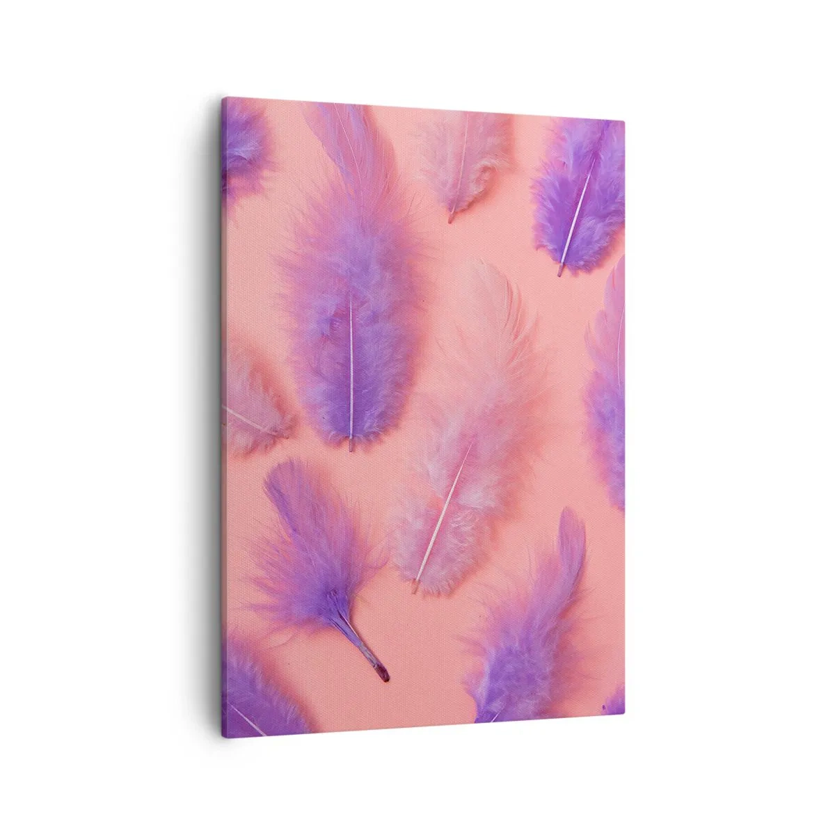 Quadro su tela - Stampe su Tela - Piume viola e rosa su uno sfondo pastello - 50x70cm - L'uccello lilla del desiderio - Decorazione murale moderna per soggiorno e camera da letto ARTTOR