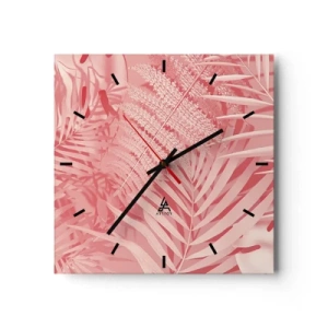 Orologio da parete - Orologio in Vetro - Foglie tropicali rosa in uno stile delicato e minimalista - 30x30cm - Concetto rosa - Decorazione murale moderna per soggiorno e camera da letto ARTTOR