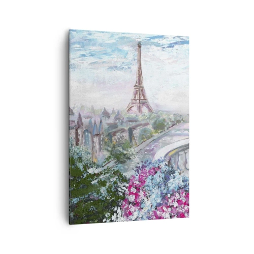 Quadro su tela - Stampe su Tela - Una vista romantica di Parigi con la Torre Eiffel e un balcone pieno di fiori - 70x100cm - Bellissimo qui a maggio - Decorazione murale moderna per soggiorno e camera da letto ARTTOR