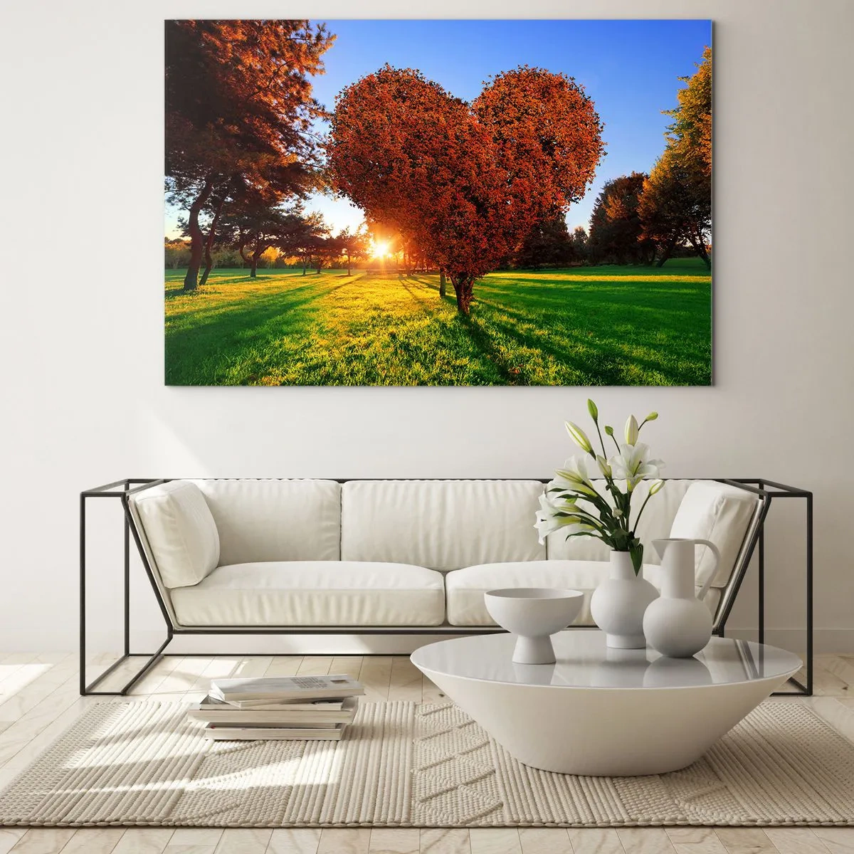 Quadro su vetro - Un albero a forma di cuore sullo sfondo del sole al tramonto - 120x80cm - Come non amare l'autunno - Decorazione murale moderna per soggiorno e camera da letto ARTTOR