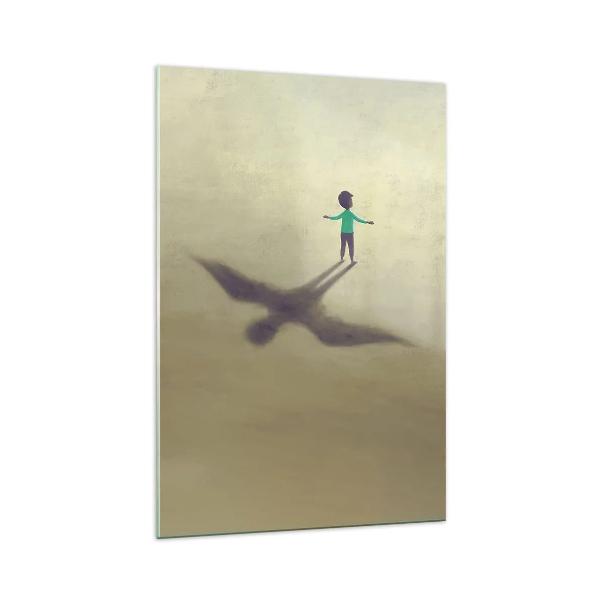 Quadro su vetro - Una figura simbolica di un bambino con l'ombra di un uccello su uno sfondo dalle tonalità calde. - 70x100cm - Eroe del futuro - Decorazione murale moderna per soggiorno e camera da letto ARTTOR