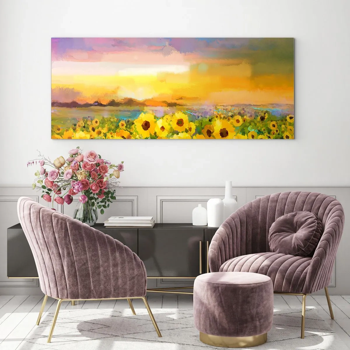 Quadro su vetro - Un campo di girasoli alla luce del sole al tramonto - 120x50cm - Il sole è sceso sulla terra - Decorazione murale moderna per soggiorno e camera da letto ARTTOR