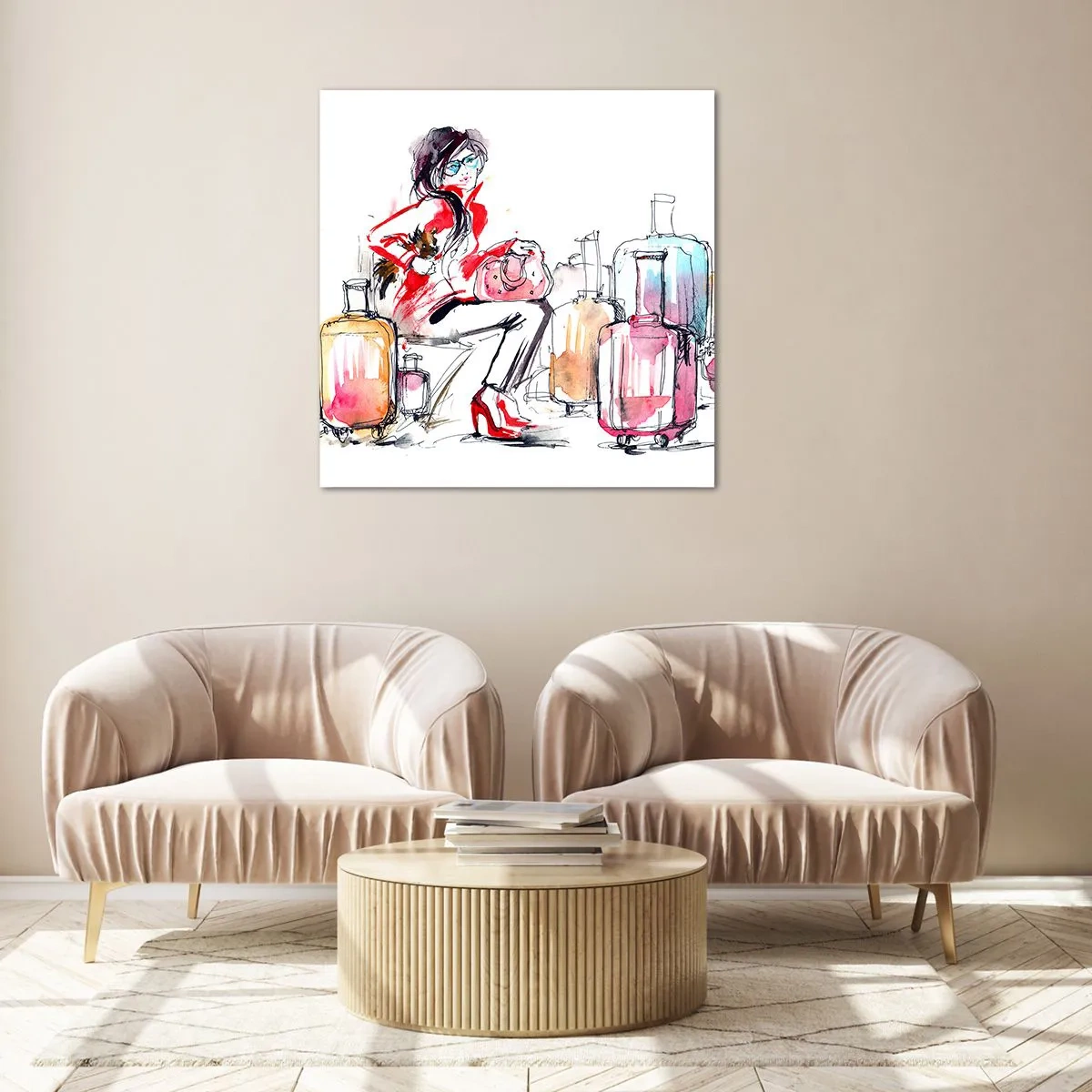 Quadro su vetro - Sediamoci prima del viaggio - 70x70 cm