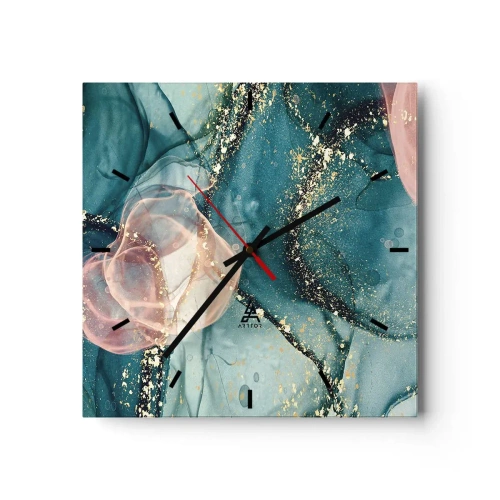 Orologio da parete - Orologio in Vetro - Una composizione astratta nei toni del turchese e dell'oro. - 30x30cm - Blu di seta, rosa di tulle - Decorazione murale moderna per soggiorno e camera da letto ARTTOR