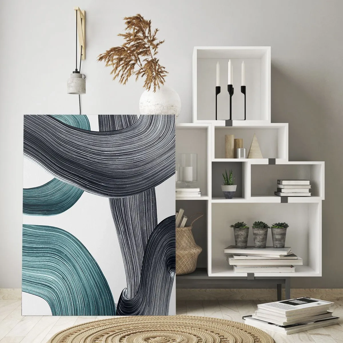 Quadro su vetro - Linee astratte fluide nelle tonalità del verde e del grigio - 70x100cm - Tracce smeraldo e nero - Decorazione murale moderna per soggiorno e camera da letto ARTTOR