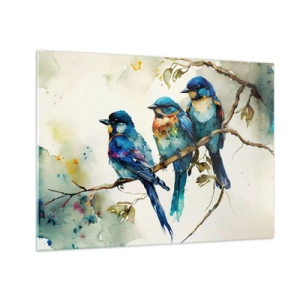 Quadro su vetro - Uccelli colorati seduti su un ramo in acquerello - 70x50cm - Si è offeso? - Decorazione murale moderna per soggiorno e camera da letto ARTTOR