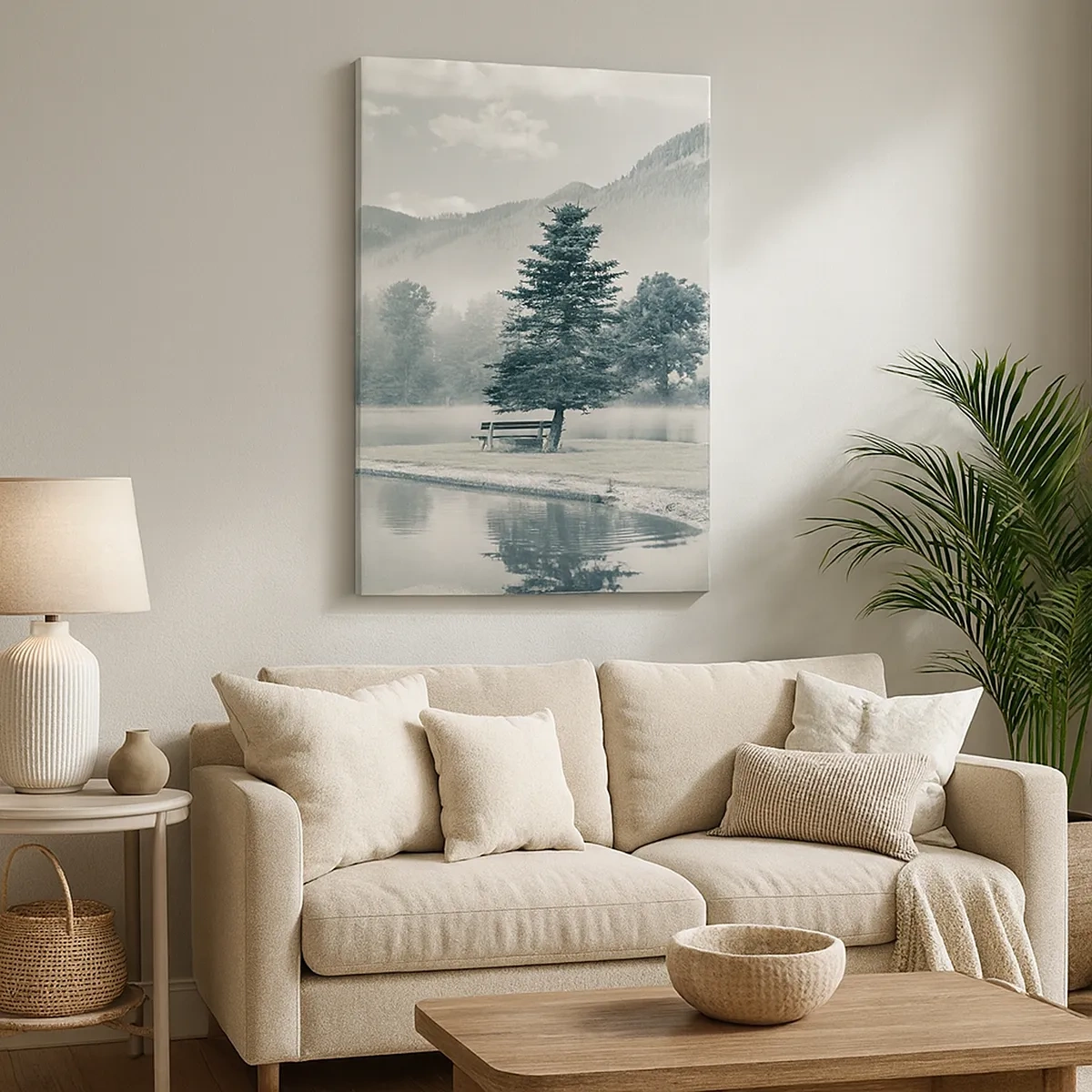 Quadro su tela - Stampe su Tela - Un pittoresco lago con una panchina e la nebbia sullo sfondo - 50x70cm - Il lago dorme ancora - Decorazione murale moderna per soggiorno e camera da letto ARTTOR
