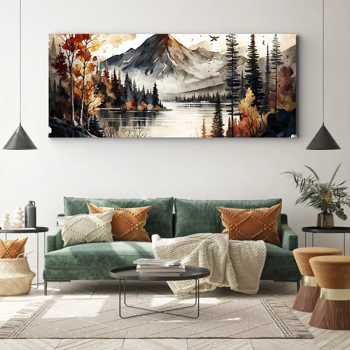 Quadro su tela - Stampe su Tela - Paesaggio montano autunnale con lago e alberi in acquerello - 120x50cm - L'autunno dorato sui monti - Decorazione murale moderna per soggiorno e camera da letto ARTTOR