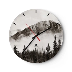 Orologio da parete - Orologio in Vetro - Paesaggio montano con foresta in un'atmosfera nebbiosa - 30x30cm - Il sovrano di granito - Decorazione murale moderna per soggiorno, cucina e camera da letto ARTTOR