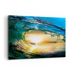 Quadro su tela - Stampe su Tela - Onda dell'oceano al sole con vista sull'orizzonte - 100x70cm - Nel cristallo oro e smeraldo - Decorazione murale moderna per soggiorno e camera da letto ARTTOR