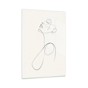 Quadro su vetro - Volto femminile e silhouette in stile line art su sfondo bianco - 50x70cm - Avvolta nei sogni - Decorazione murale moderna per soggiorno e camera da letto ARTTOR