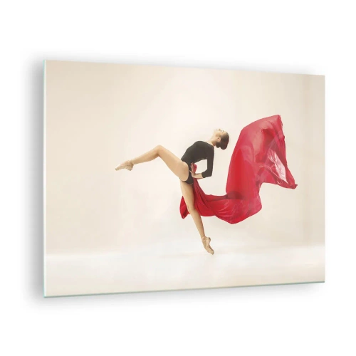 Quadro su vetro - Una ballerina in un salto dinamico con tessuto rosso - 70x50cm - Rosso e nero - Decorazione murale moderna per soggiorno e camera da letto ARTTOR