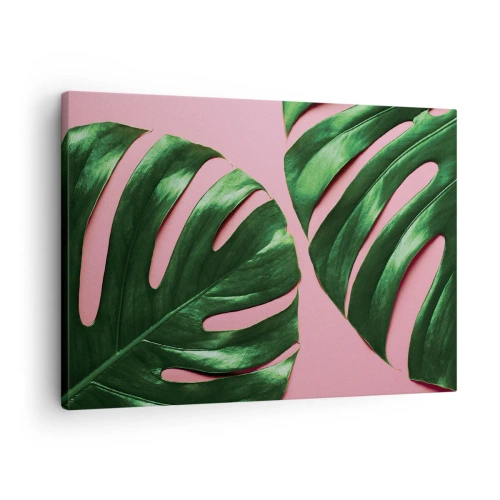 Quadro su tela - Stampe su Tela - Foglie di monstera verdi su sfondo rosa - 70x50cm - Appuntamento in verde - Decorazione murale moderna per soggiorno e camera da letto ARTTOR