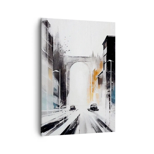 Quadro su tela - Stampe su Tela - Panorama astratto della città con un ponte ad arco - 50x70cm - Studio di città: architettura e movimento - Decorazione murale moderna per soggiorno e camera da letto ARTTOR