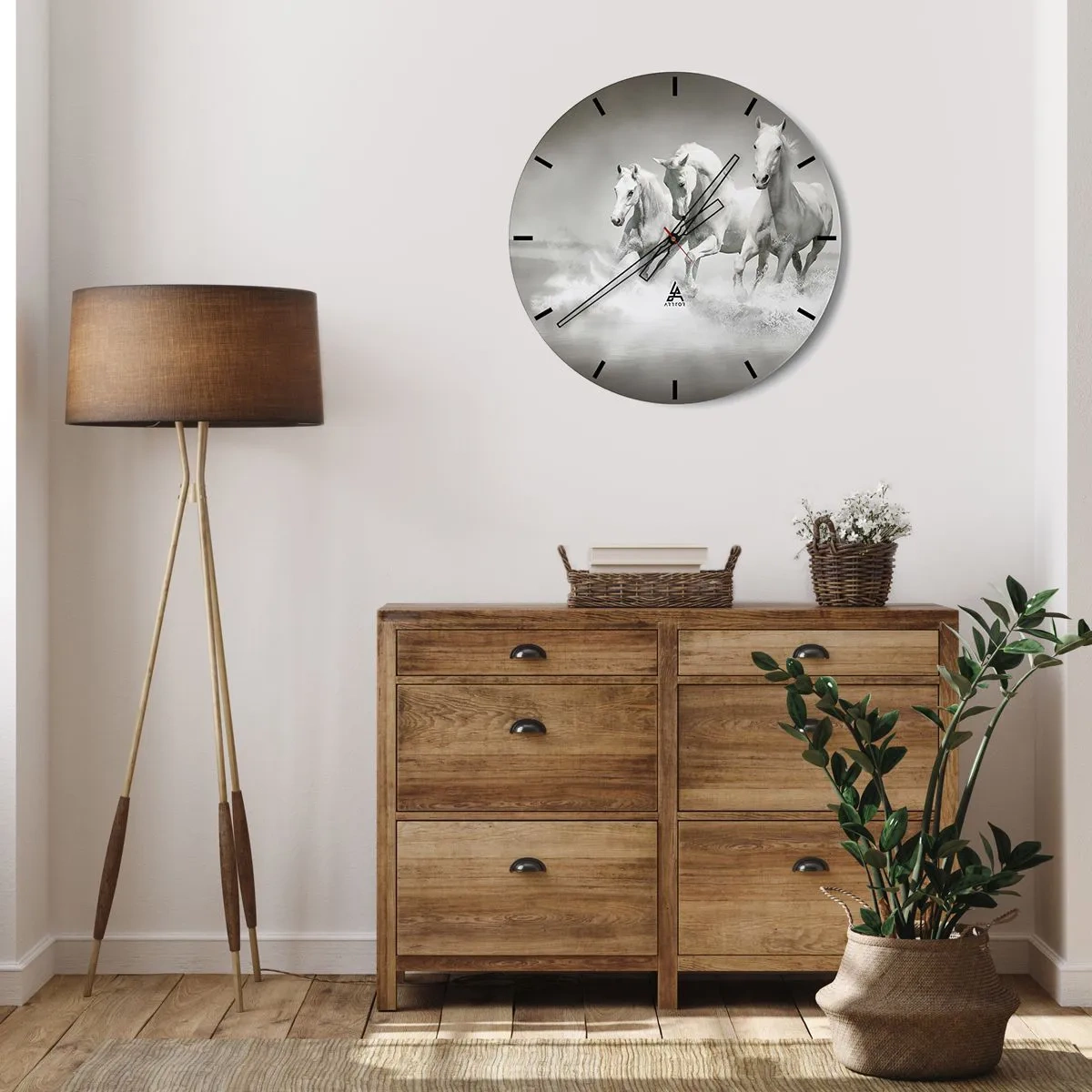 Orologio da parete - Orologio in Vetro - Tre cavalli bianchi che galoppano nell'acqua in un ambiente dinamico - 30x30cm - Estasi bianca - Decorazione murale moderna per soggiorno, cucina e camera da letto ARTTOR