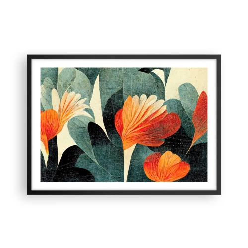 Poster in cornice nera - Fiori dalle intense tonalità di arancione e verde - 70x50cm - Caldo dei tropici e fresco del verde - Decorazione murale moderna per soggiorno e camera da letto ARTTOR
