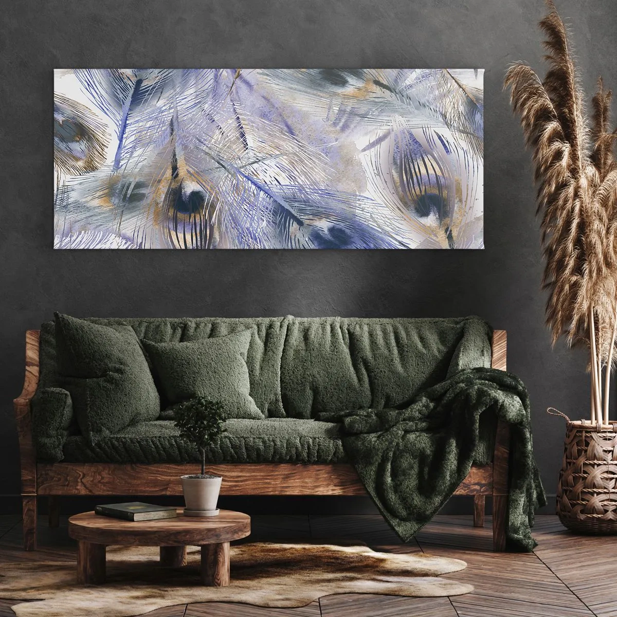 Quadro su tela - Stampe su Tela - Un motivo con piume di pavone nei toni del blu e dell'oro - 160x50cm - Composizione a occhio di pavone - Decorazione murale moderna per soggiorno e camera da letto ARTTOR