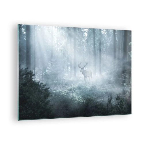 Quadro su vetro - Un cervo in una foresta nebbiosa illuminata dai raggi del sole mattutino - 70x50cm - Passeggiata mattutina sulle sue terre - Decorazione murale moderna per soggiorno e camera da letto ARTTOR