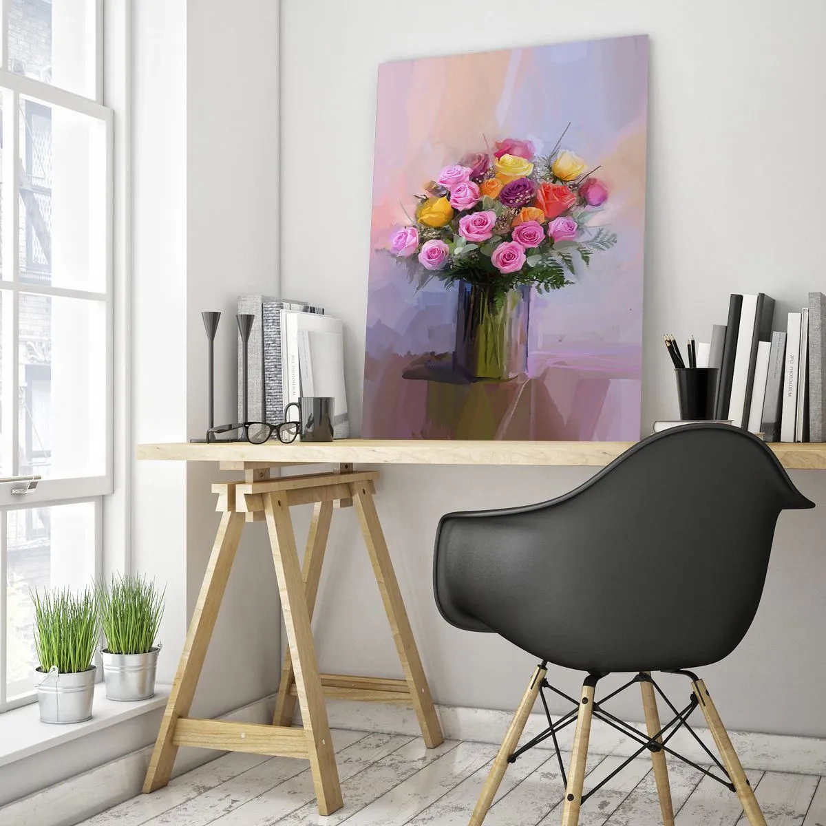 Quadro su vetro - Un mazzo di rose in un vaso di vetro su uno sfondo pastello - 50x70cm - Bellezza immobile - Decorazione murale moderna per soggiorno e camera da letto ARTTOR