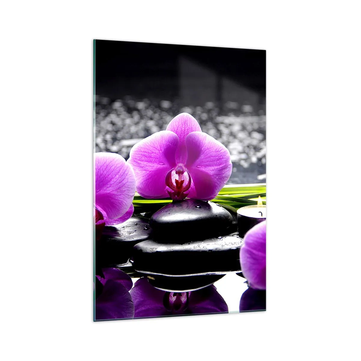 Quadro su vetro - Orchidee viola su uno sfondo di pietre e candele in un ambiente rilassante - 70x100cm - Annegare nel silenzio e nella pace - Decorazione murale moderna per soggiorno e camera da letto ARTTOR