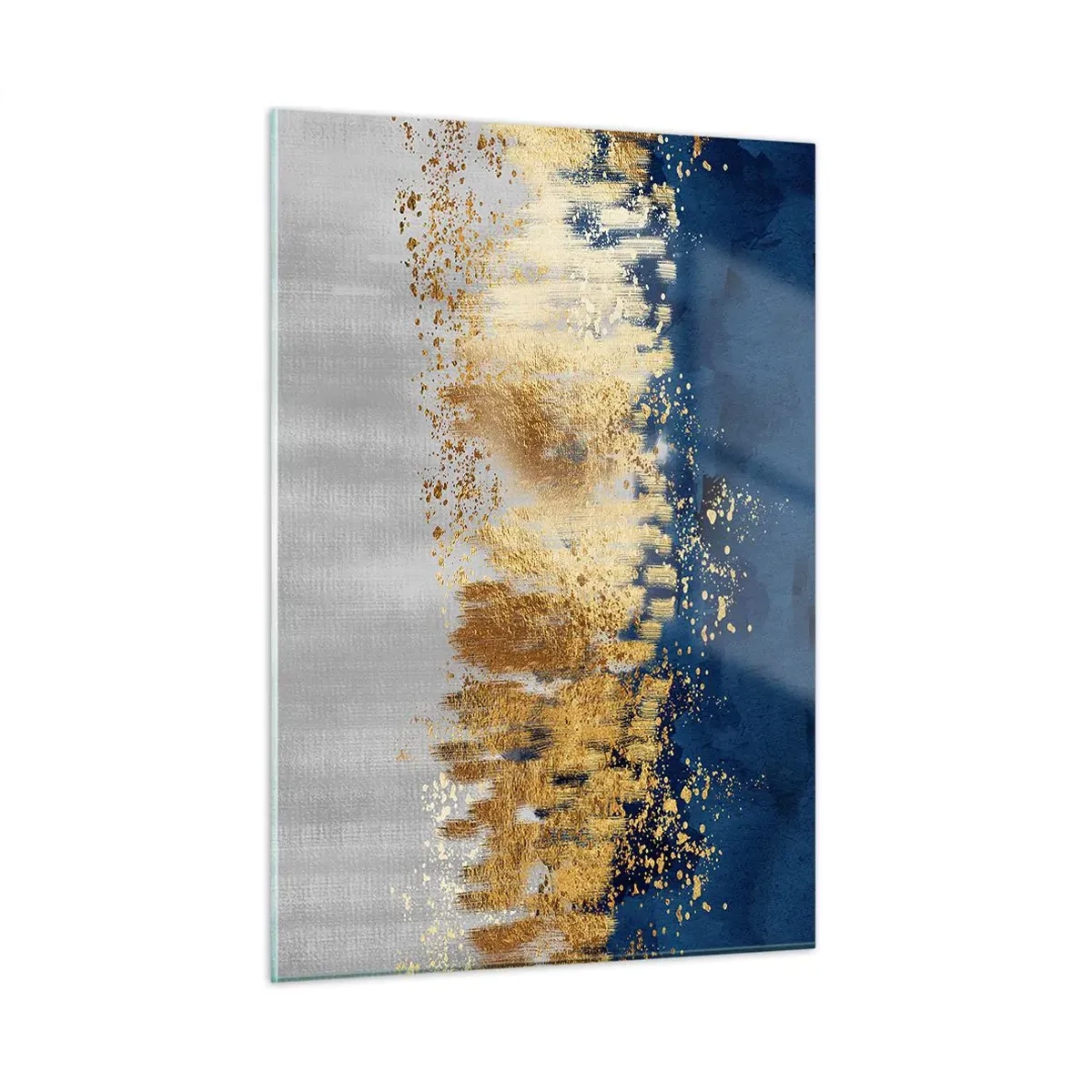 Quadro su vetro - Accenti dorati su sfondo blu navy e argento - 50x70cm - Composizione moderna con bagliore - Decorazione murale moderna per soggiorno e camera da letto ARTTOR
