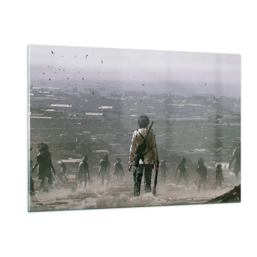 Quadro su vetro - Una figura con un fucile nello scenario oscuro di un gruppo in avvicinamento - 120x80cm - L'ultimo dei giusti? - Decorazione murale moderna per soggiorno e camera da letto ARTTOR