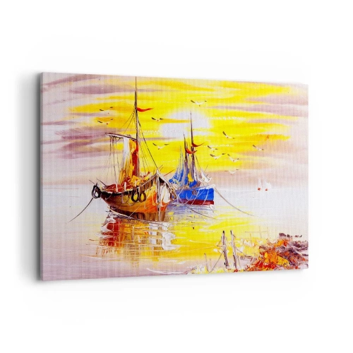 Quadro su tela - Stampe su Tela - Una scena pittorica di barche su un mare calmo - 120x80cm - Meritato riposo nel porto - Decorazione murale moderna per soggiorno e camera da letto ARTTOR