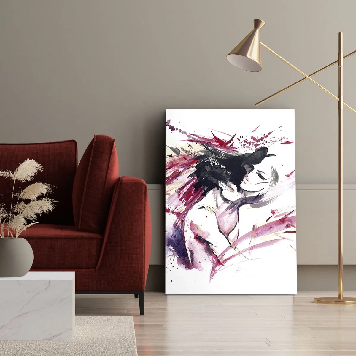 Quadro su tela - Stampe su Tela - Ritratto astratto di una donna con accenti rossi dinamici - 50x70cm - La pienezza dell'amore - Decorazione murale moderna per soggiorno e camera da letto ARTTOR
