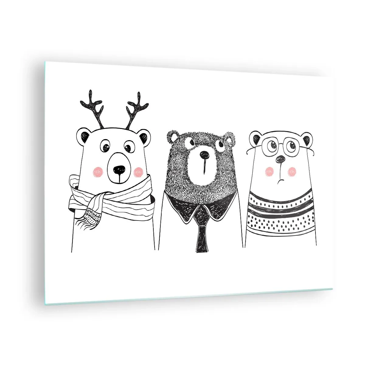 Quadro su vetro - Tre orsi divertenti in un'illustrazione in bianco e nero - 70x50cm - Orso, orsetto e orsino - Decorazione murale moderna per soggiorno e camera da letto ARTTOR