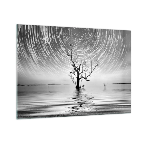 Quadro su vetro - Paesaggio in bianco e nero con un albero e strisce di stelle - 100x70cm - Sinfonia della natura - Decorazione murale moderna per soggiorno e camera da letto ARTTOR