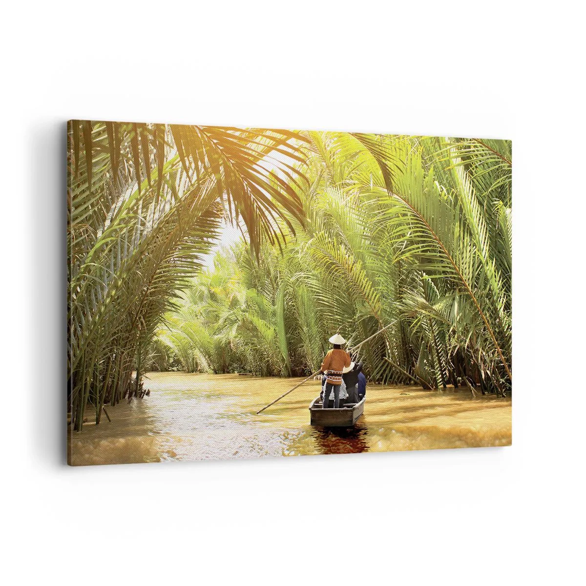 Quadro su tela - Stampe su Tela - Una barca su un fiume circondata da vegetazione tropicale - 120x80cm - Tunnel di palme - Decorazione murale moderna per soggiorno e camera da letto ARTTOR