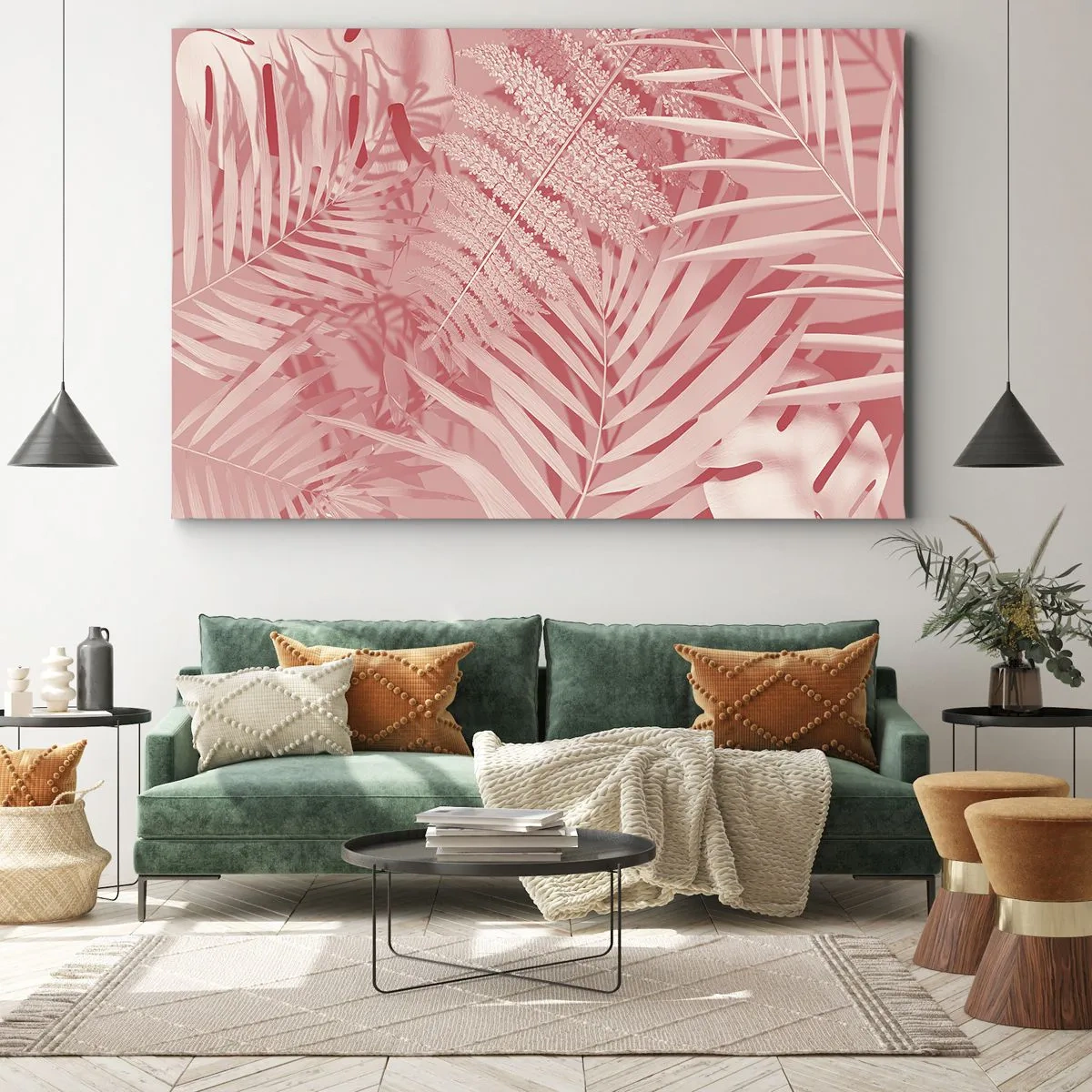 Quadro su tela - Stampe su Tela - Foglie tropicali rosa in uno stile delicato e minimalista - 120x80cm - Concetto rosa - Decorazione murale moderna per soggiorno e camera da letto ARTTOR