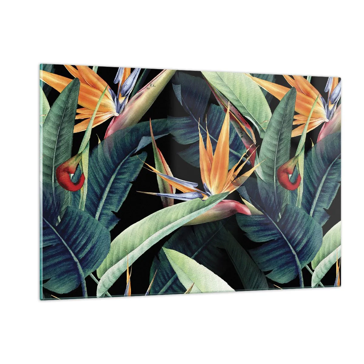 Quadro su vetro - Fiori di strelitzia e foglie tropicali su sfondo nero - 120x80cm - I fiori fiammeggianti dei tropici - Decorazione murale moderna per soggiorno e camera da letto ARTTOR