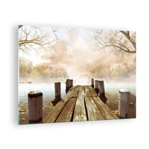 Quadro su vetro - Un molo di legno su un lago calmo nella nebbia - 70x50cm - La mite melanconia autunnale - Decorazione murale moderna per soggiorno e camera da letto ARTTOR