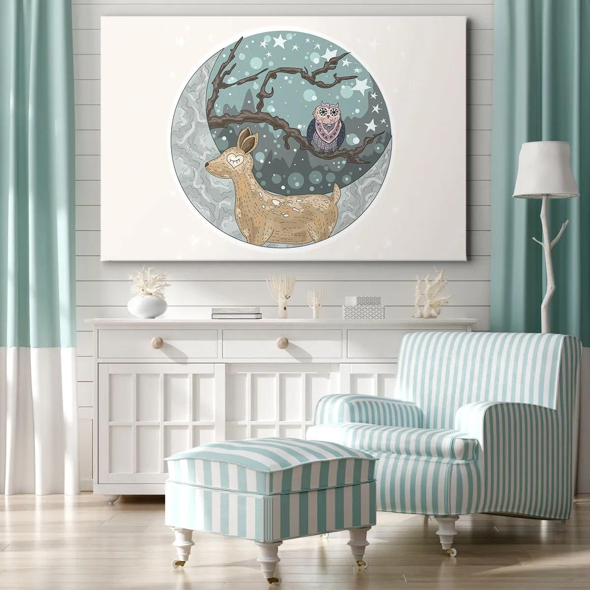 Quadro su tela - Stampe su Tela - Un cervo e un gufo in un paesaggio notturno da favola - 120x80cm - Notte fiabesca nel bosco - Decorazione murale moderna per soggiorno e camera da letto ARTTOR