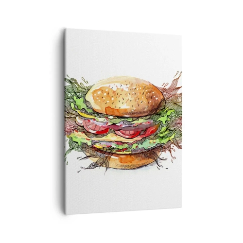 Quadro su tela - Stampe su Tela - Illustrazione artistica di un hamburger con elementi dinamici - 50x70cm - Una tentazione calda - Decorazione murale moderna per soggiorno e camera da letto ARTTOR
