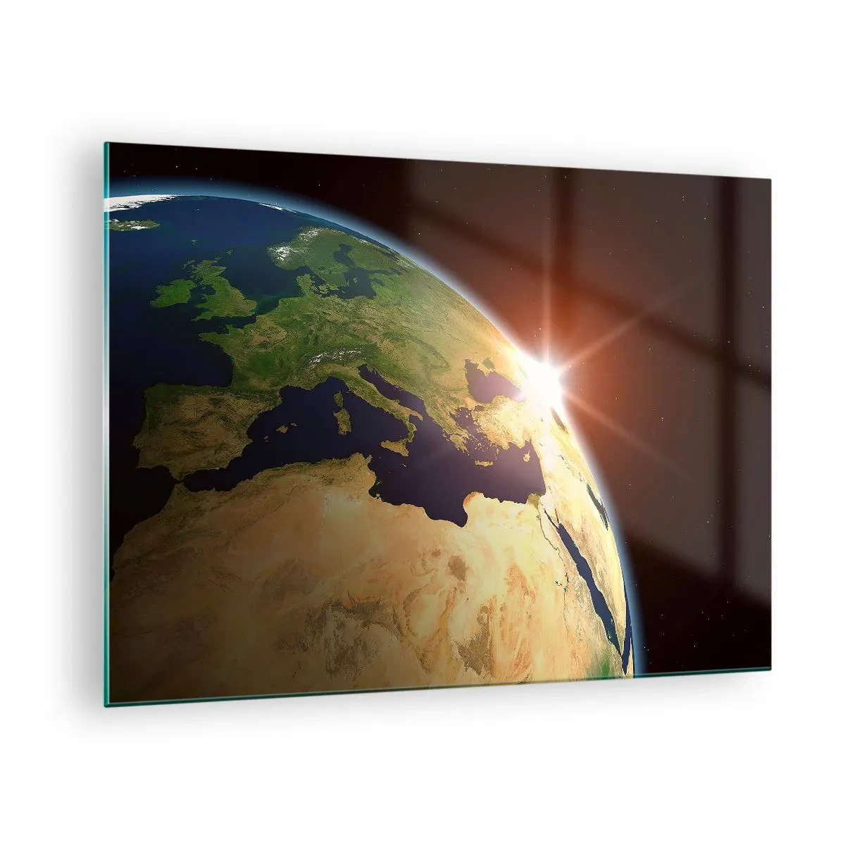 Quadro su vetro - La Terra illuminata dal sole nascente dallo spazio - 70x50cm - Il sorgere del sole - Decorazione murale moderna per soggiorno e camera da letto ARTTOR