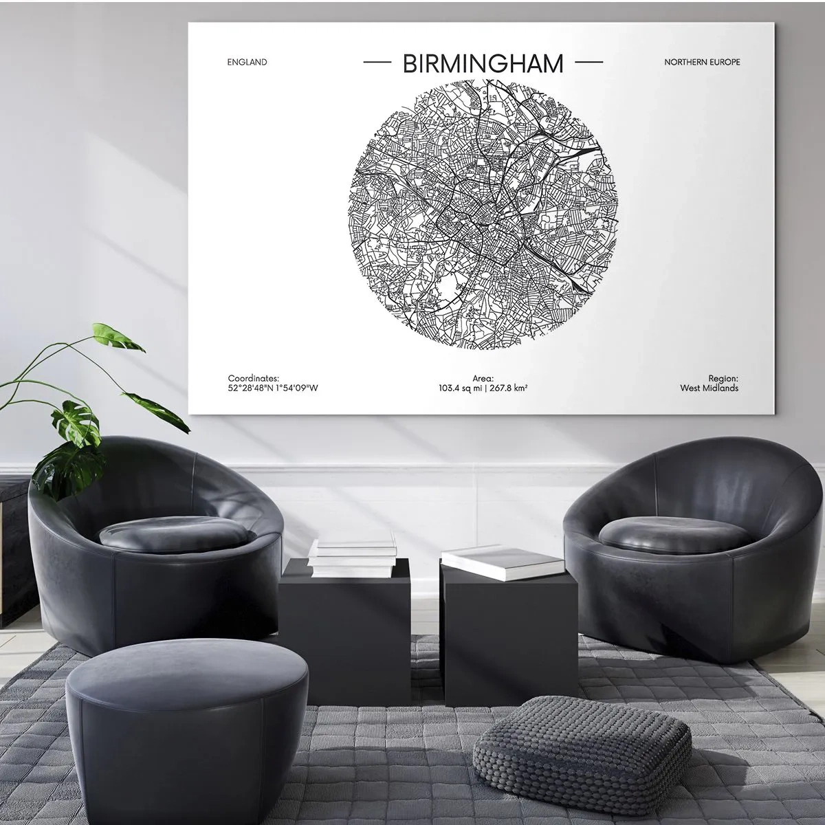 Quadro su vetro - Mappa in bianco e nero di Birmingham in uno stile grafico moderno - 70x50cm - Anatomia di Birmingham - Decorazione murale moderna per soggiorno e camera da letto ARTTOR