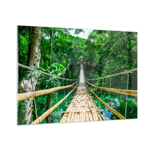 Quadro su vetro - Un ponte di bambù sospeso tra la vegetazione tropicale sopra un fiume - 100x70cm - Ponte sospeso sopra il verde - Decorazione murale moderna per soggiorno e camera da letto ARTTOR