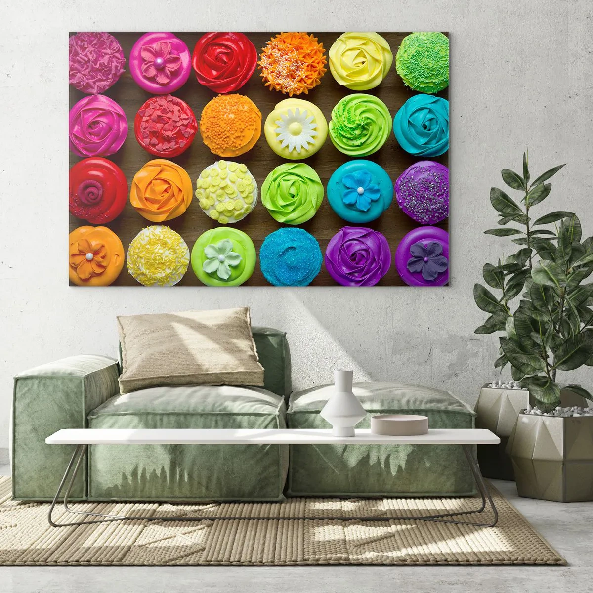 Quadro su vetro - Cupcakes colorati con decorazioni su uno sfondo di legno - 70x50cm - Ognuno è differente, tutti sono buoni - Decorazione murale moderna per soggiorno e camera da letto ARTTOR